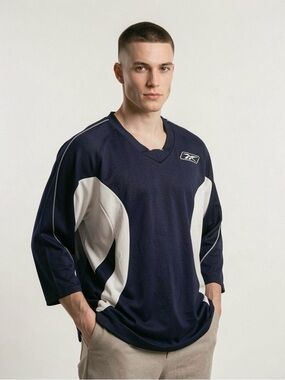Reebok Hockey Jersey Navy White Long Sleeve Athletic Men's L